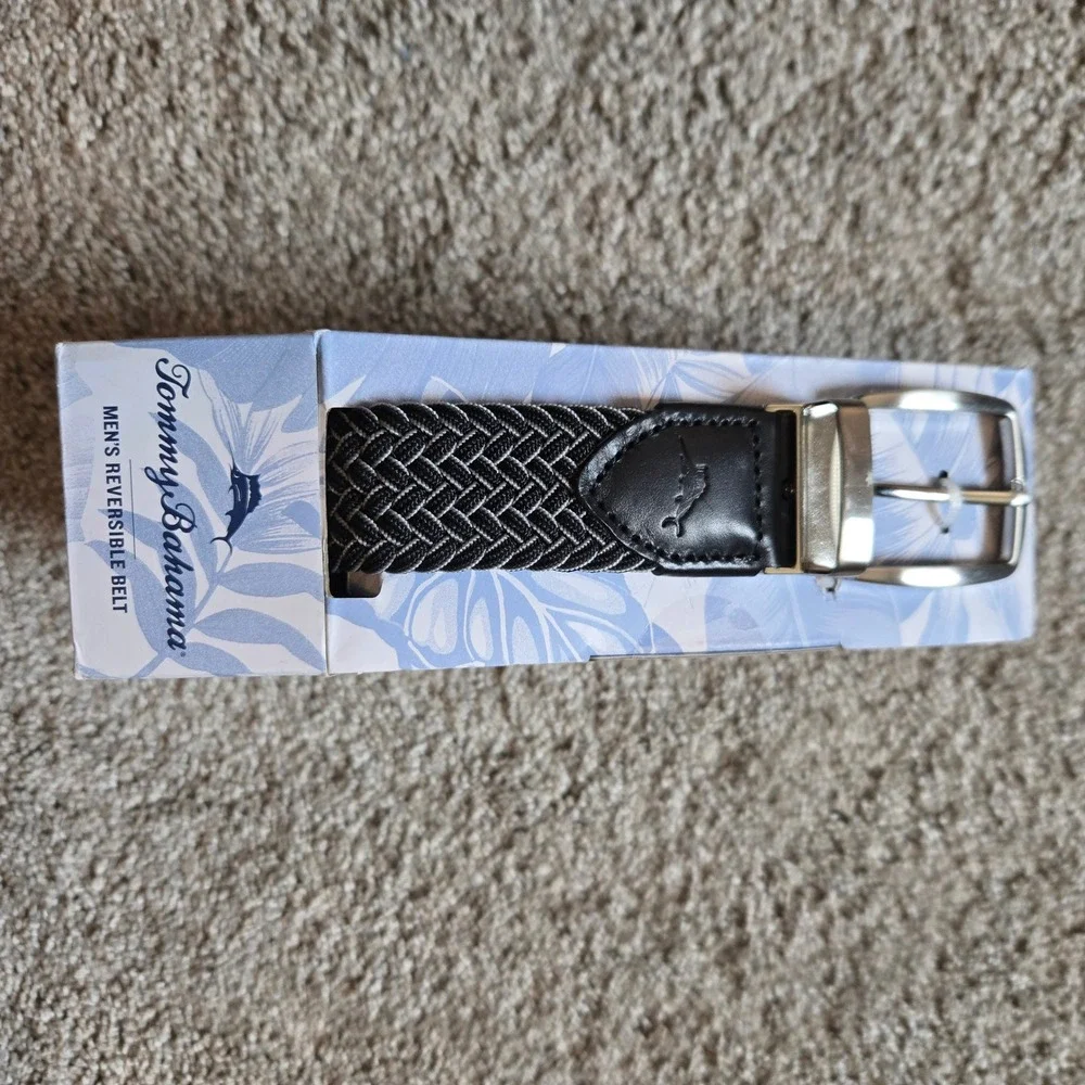 NWT Tommy Bahama Mens Reversible Belt Braided Stretch Black Grey S/M 32-36